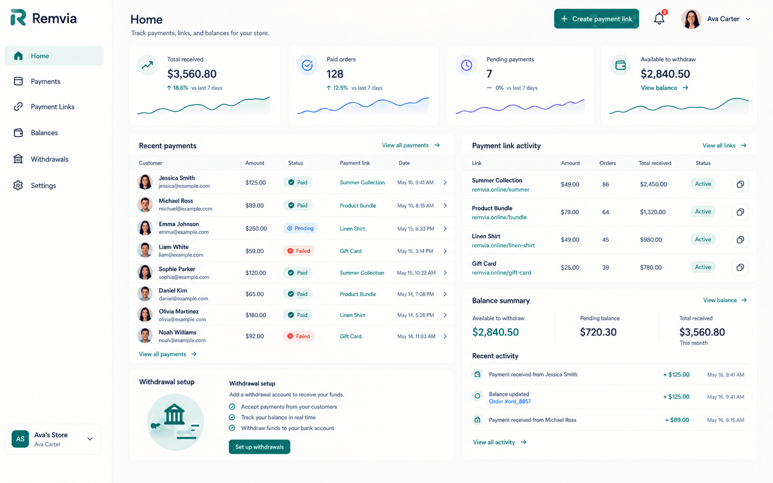 Remvia dashboard showing balances and payments